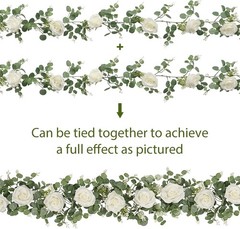 2Pcs 13Ft Artificial Eucalyptus Garlands with Flowers – 8 Roses, Faux Floral
