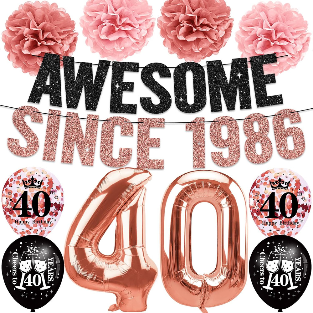 Rose Gold Black 40Th Birthday Decorations for Women | Pre-Strung Awesome since 1