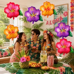 6PCS Hibiscus Flower Balloons- Aloha Balloons, Large Pink Purple Yellow Flowe…