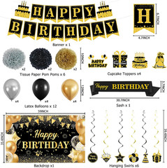 Black Gold Birthday Decorations Set | Happy Birthday Banner & Sash, Balloons Pom