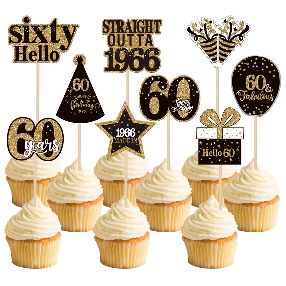 36PCS Happy 60Th Birthday Cupcake Toppers Double Sided Black Gold Sixty Hello 60