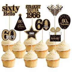 36PCS Happy 60Th Birthday Cupcake Toppers Double Sided Black Gold Sixty Hello 60