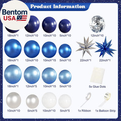 Blue White Silver Balloon Garland Arch Kit, 140Pcs Navy Light Metallic Blue Silv
