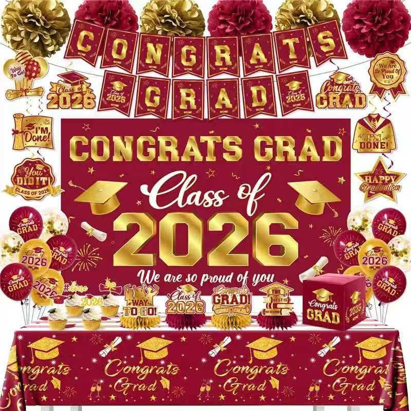 Graduation Decorations 2026 Maroon and Gold Class of 2026 Banner Congrats Grad B