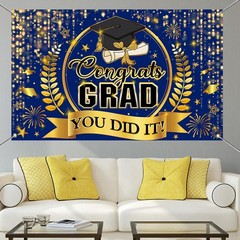 Congrats Grad Banner Class of 2026 Graduation Backdrop Blue and Gold Graduati…