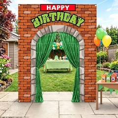Turtle Birthday Party Porch Sign Brick Door Banner Green Tinsel Fringe Decor