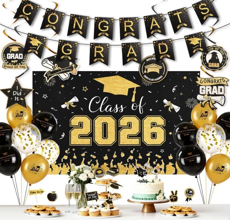 Black and Gold Graduation Decorations 2026 Kit 34 Pcs Party Supplies Class of 20
