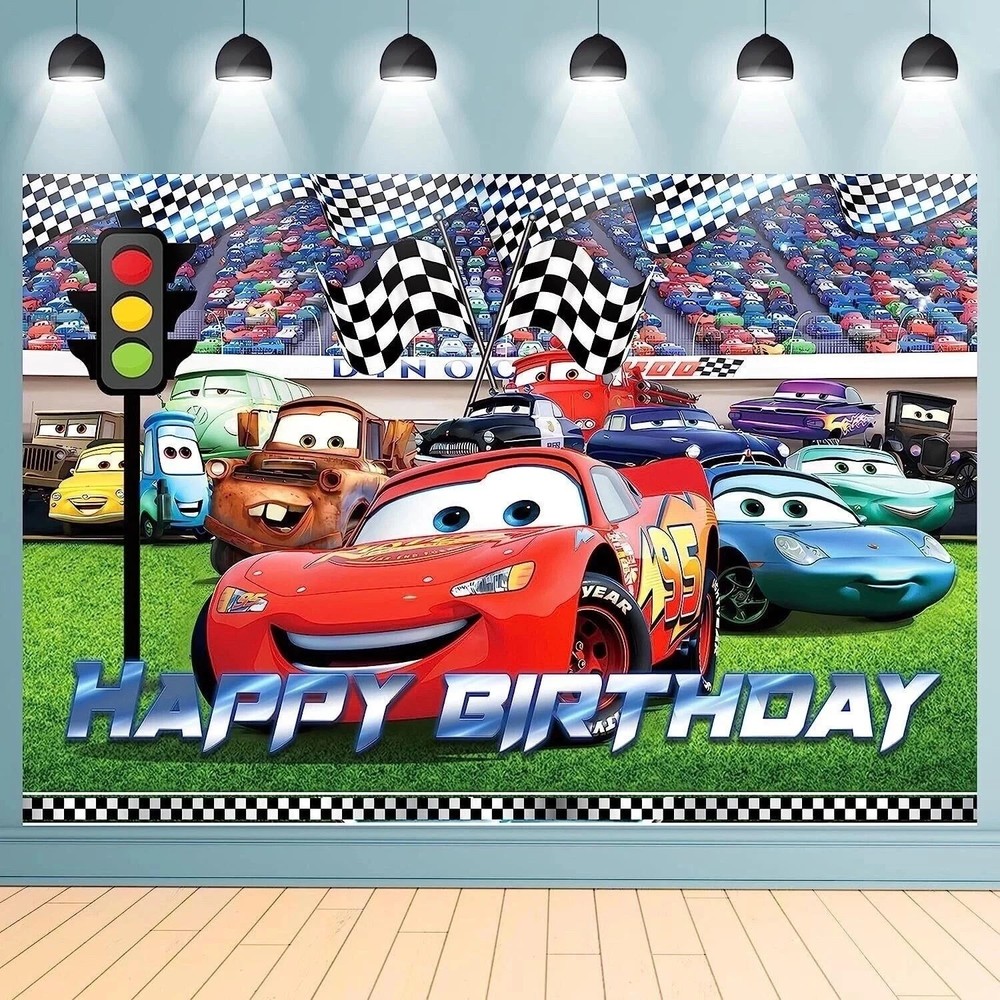 Racing Car Theme Happy Birthday Backdrop，5×3.5ft Birthday Party Decoration