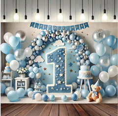 Kids Blue Baby Shower One 1st Birthday Party Banner Backdrop Background Photo