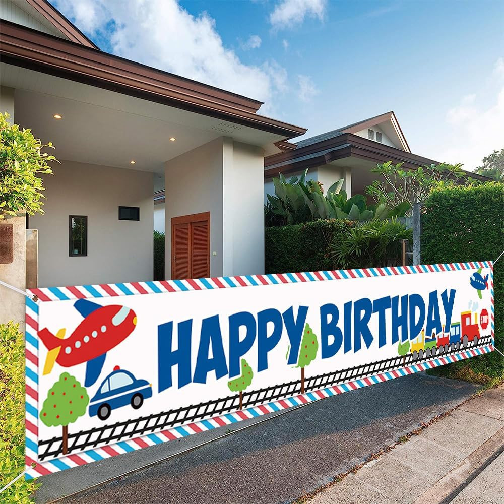 118×20 Inches Happy Birthday Banner Planes Cars and Trains Theme Children’s Birt
