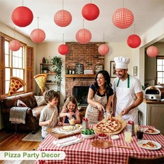 16pc Red Gingham Paper Lantern Party Decorations; Picnic BBQ Italian Theme