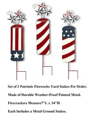 3-PC Patriotic Firecracker Fireworks Metal Yard Stakes July 4th Decor 24″H #025