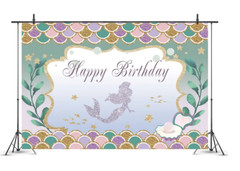 Mermaid Happy Birthday Vinyl Backdrop Photo Booth 5 Ft x 7 Ft Hanging Background