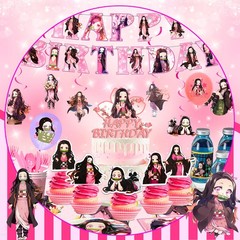 117 Pcs Nezuko Party Decorations Set Tablecloth Plate Balloon Hanging Swirls Cup