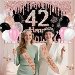 42nd Birthday Decoration Set with Banner, Tiara, Sash, Cake Topper & Balloons