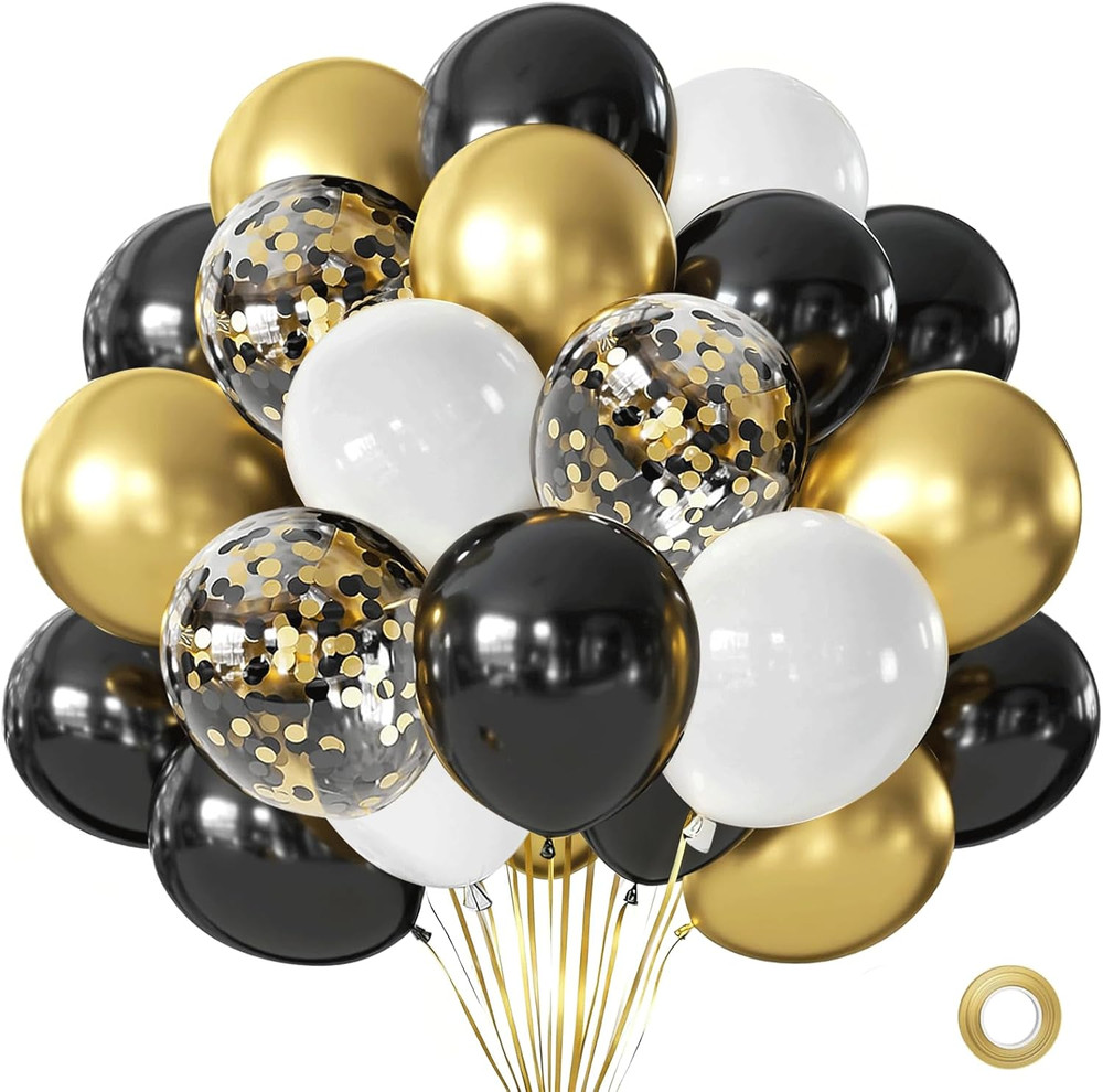 Black Gold White Balloons, 50Pcs 12Inch Matte White Black Metallic Gold Confetti