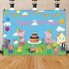 Peppa Pig Happy Birthday Backdrop 5×3.5ft , for Kids Birthday Party Decoration