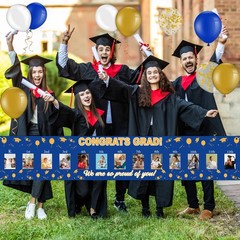 36 Pcs 2026 Graduation Photo Banner Backdrop Blue, Gold, White, Gold Sequins