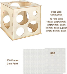 12 Holes Wood Balloon Sizer Cube Box with 200 PCS Balloon Glue Points, Collapsib