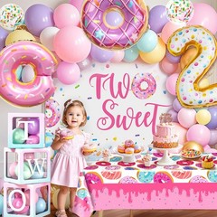 2nd Birthday Party Decorations – ‘TWO’ Boxes, Donut Balloon Arch, Tablecloth, Cr