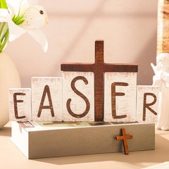 6 PCS He Is Risen Easter Table Decorations Wooden Cross Signs Scene Decor