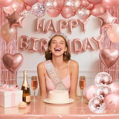 Birthday Party Decorations Happy Birthday Banner Pom Poms Balloons Pink Party