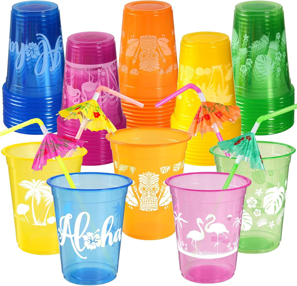 50Hawaiian Luau Party Decorations Cups With Parasol Straws 16OZ Disposable Party
