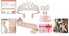 Elegant 50th Birthday Sash, Crown & Glittery Cake Topper Gift Set in Rose Gold
