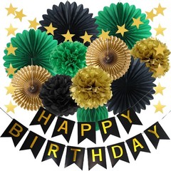 Green Black Gold Birthday Decorations with Happy Birthday Banner Hanging Pape…