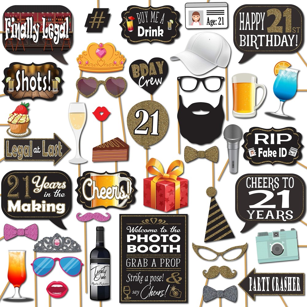 21st Birthday Photo Booth Props 41-pc Kit 8×10-Inch Sign Photo Booth Props
