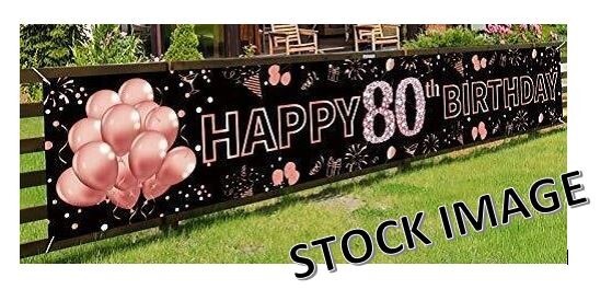 Happy 80th Birthday Decoration Outdoor Banner Pink Rose Gold HUGE 117×18 inch