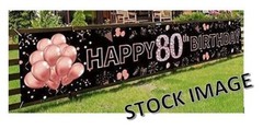 Happy 80th Birthday Decoration Outdoor Banner Pink Rose Gold HUGE 117×18 inch