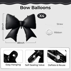 Black Bow Balloon 4 Pack, Giant 29X38 Inch Aluminum Foil Bow Balloons for Birthd