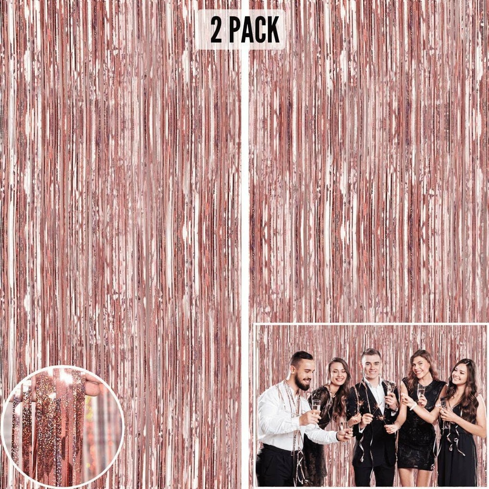 Rose Gold Foil Fringe Curtain Backdrop (2 Pack) – 9.8 x 3.3 ft Photo Booth Backd