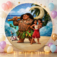 Round Backdrop Cover Moana Beach Happy Birthday Party Photo Background Decor