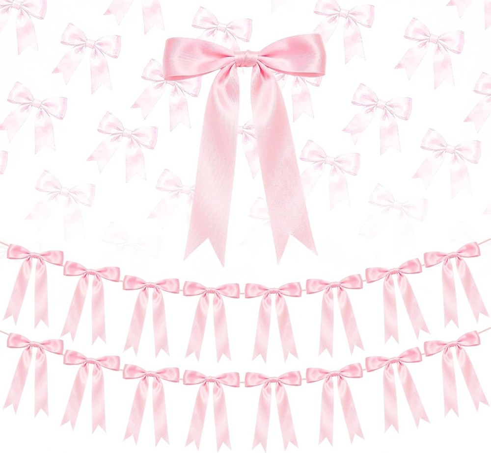 2 Strings Pink Bow Garland Banner Decorations, 16Pcs Pre-Strung Satin Ribbon