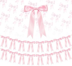 2 Strings Pink Bow Garland Banner Decorations, 16Pcs Pre-Strung Satin Ribbon