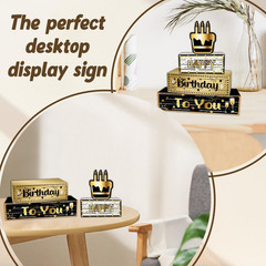 4Pcs Birthday Table Centerpiece, Happy Birthday Wooden Blocks Plaque, Black Gold