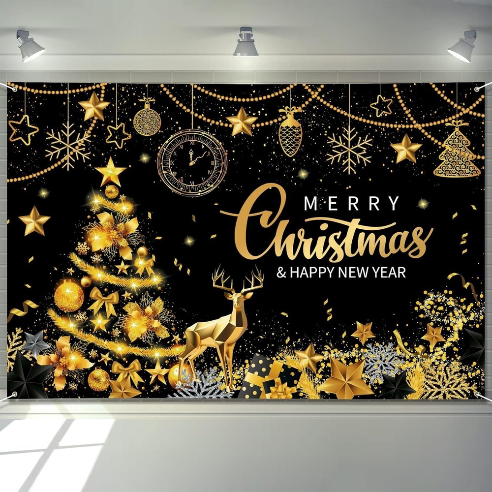 Extra Large Merry Christmas and Happy New Year Banner 72″ x 48″ Black