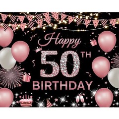 Happy 50th Birthday Party Backdrop Banner Birthday Theme Black Pink White 10×8