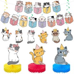 16 Pcs Cat Theme Birthday Party Decorations Party Supplies Kit, Includes Cat Par