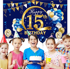 Blue Gold 15Th Birthday Banner with Confetti Balloon Arch, Happy Fifteen Banner