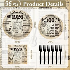 100th Birthday Party Decorations – 96 Pcs Vintage 1926 Tableware Set for 24 Gues