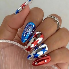 July 4th Fireworks Press On Nails 24pc Rhinestone Fake Nails