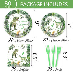 80 Pcs Watercolor Dinosaur Birthday Decorations Green Dino Paper Dinner Plates