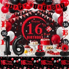 16th Birthday Decorations Red Black, Sweet 16 Party Supplies, Banner, Balloons,