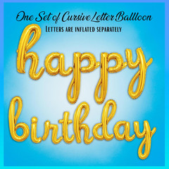 Gold Happy Birthday Balloons Banner | Script/Cursive Gold Letter Balloon Sign fo