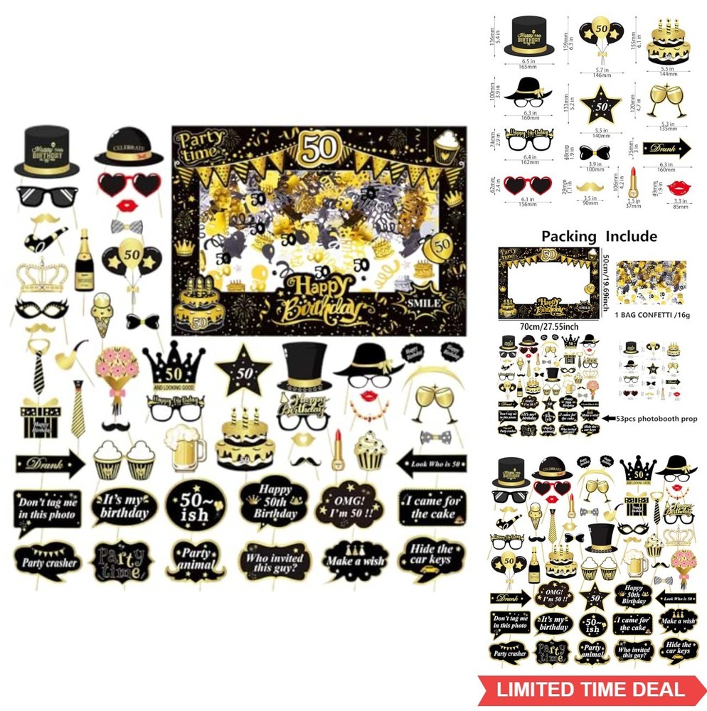 55 Pcs Black Gold Photo Booth Props Frame Glitter Birthday Party Decorations