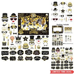 55 Pcs Black Gold Photo Booth Props Frame Glitter Birthday Party Decorations