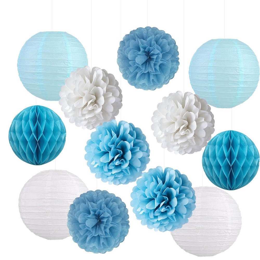 12 PCS Dusty Blue White Party Decoration Hanging Paper Flower Lanterns Pom Pom